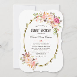 Convite Charme Rosa Blush Floral Moldura Dourada Sweet 16