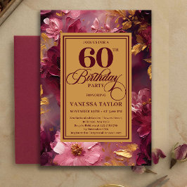 Convite Charming 60th Birthday Burgundy Roses Gold Invite