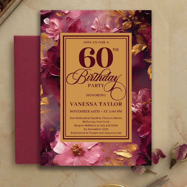 Convite Charming 60th Birthday Burgundy Roses Gold Invite (Charming 60th Birthday Burgundy Roses Gold Invitation)