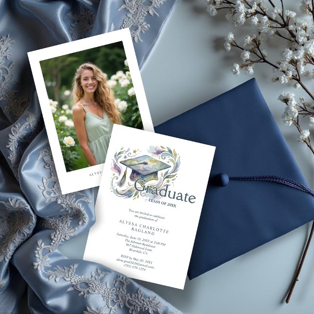 Convite Charming Blue and Green Shades Cap Graduation (Charming Blue and Green Shades Watercolor Effect Graduate Cap Graduation Invitation Card Design.)