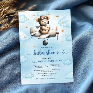 Convite Charming Blue Brown Teddy Bear Pilot Baby Shower