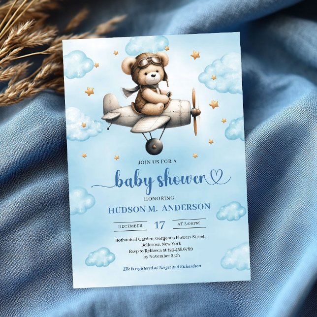 Convite Charming Blue Brown Teddy Bear Pilot Baby Shower  (Charming Blue Brown Teddy Bear Pilot Baby Shower Invite

)