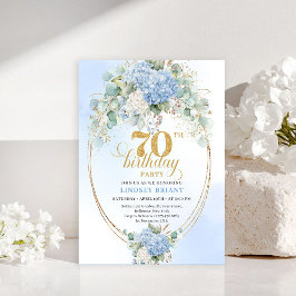 Convite Charming Blue Hydrangeas Gold 70th Birthday Invite