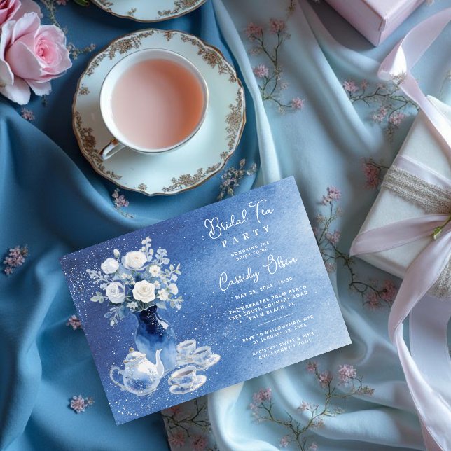 Convite Charming Blue Tones Glitter Wedding Bridal Tea Set (Charming Blue Tones Glitter Effect Bridal Tea Set Invitation Cards Honoring the Bride to Be.)