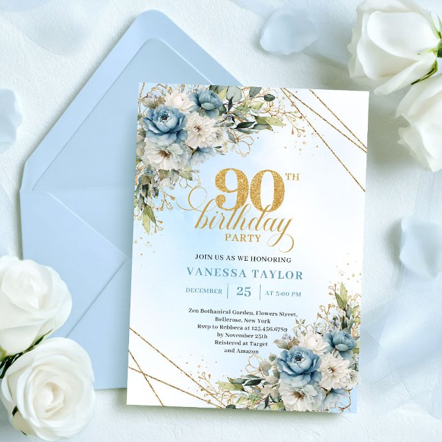 Convite Charming Boho Blue Floral Eucalyptus 90th Birthday (Charming Boho Blue Floral Eucalyptus 90th Birthday)