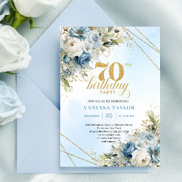 Convite Charming boho blue florals gold frame 70th birthda