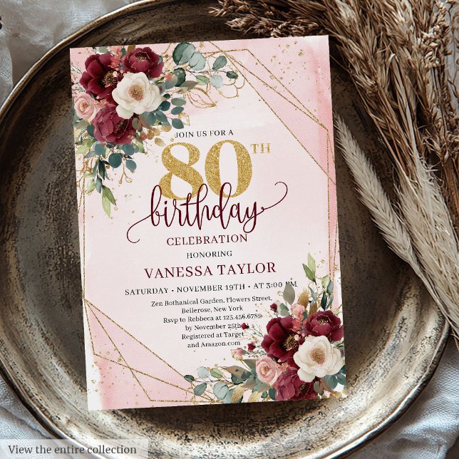 Convite Charming Boho Dark Red Dourado Rosa Aniversário (Charming Boho Dark Red Gold Roses 80th Birthday Invitation)