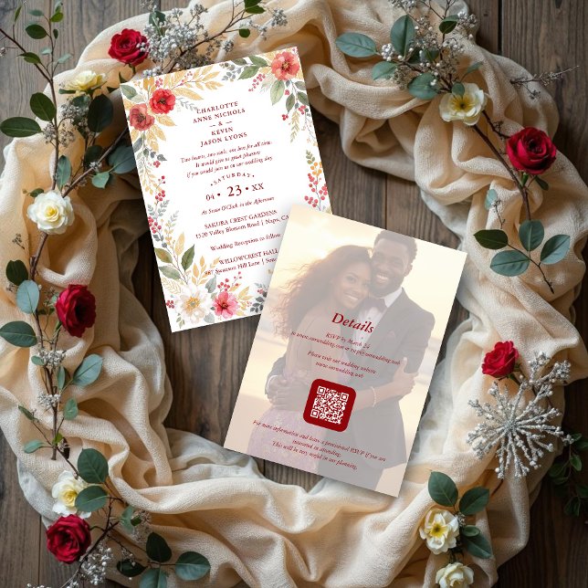 Convite Charming Botanical Winter Frame Back Photo Wedding (Charming Botanical Winter Frame & Back Photo Wedding Invitation Cards with Back Modern QR Code. )