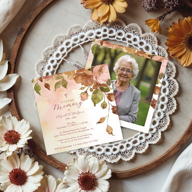 Convite Charming Brown Floral Watercolor Effect Funeral  (Charming Brown Floral Watercolor Effect Funeral Invitation Design with Back Photo.)