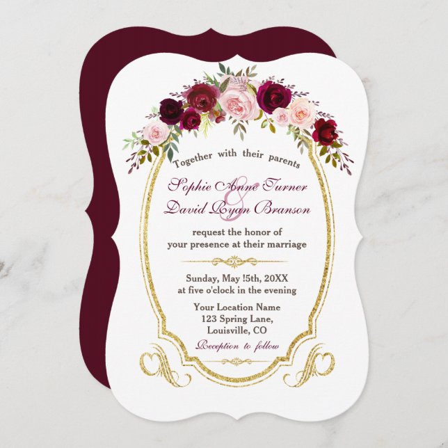 Convite Charming Burgundy Marsala Casamento outono Floral (Frente/Verso)