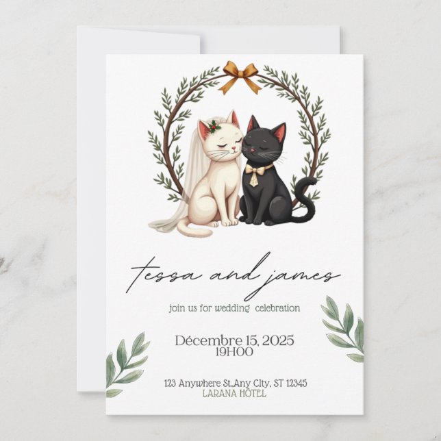 Convite  Charming Cat Couple Wedding Invitation  (Frente)