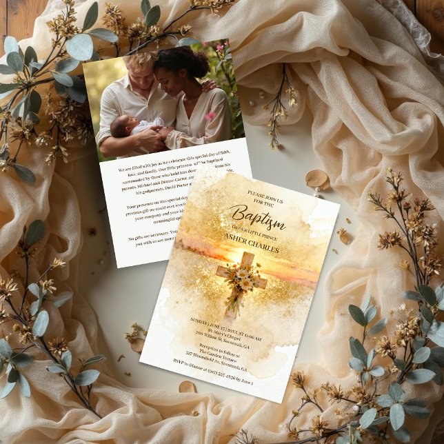 Convite Charming Christian Wildflowers Cross-Shape Baptism (Charming Christian Floral Wildflowers Cross Watercolor Effect Gold Glitter Effect Baptism Invitation)