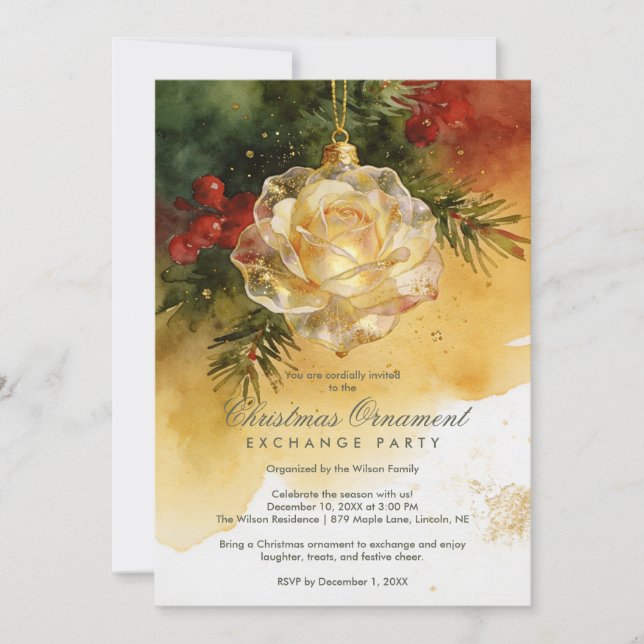 Convite Charming Christmas Ornament Shaped Like a Rose (Frente)