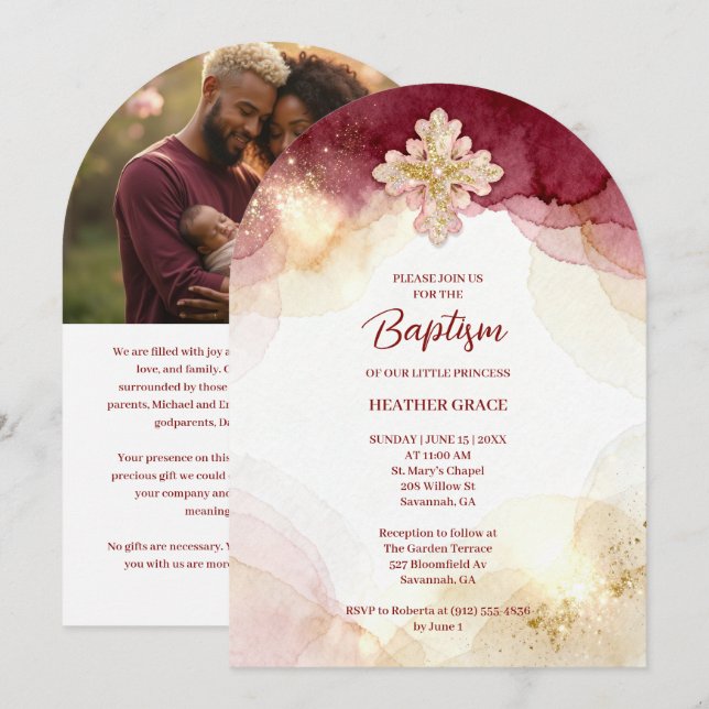Convite Charming Cross Burgundy & Gold Glitter Baptism (Frente/Verso)