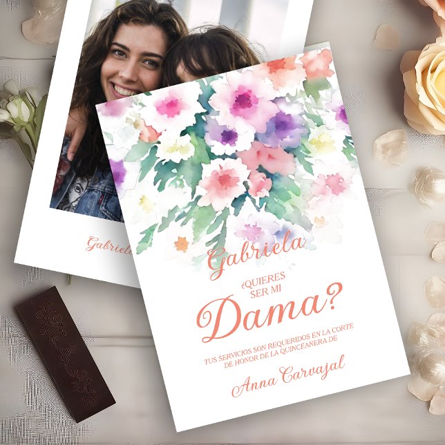 Convite Charming Delicate Colorful Wildflowers Quinceañera (Peach Spanish Charming Delicate Colorful Wildflowers Quinceañera Dama with Photo Proposal Card. )