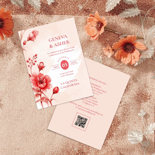 Convite Charming Delicate Flowers Juicy Red Pink Wedding (Charming Delicate Flowers Juicy Red & Pinky Pink Editorial Wedding Invitation with Back QR Code. )