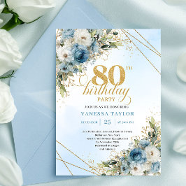 Convite Charming Dusty Blue Floral Gold 80th Birthday Card