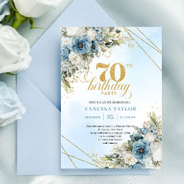 Convite Charming dusty blue florals gold frame 70th bday