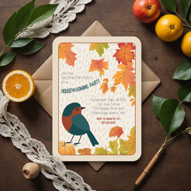 Convite Charming Fall Housewarming Leaves Minimalist Bird (Charming fall housewarming invite with a robin, swirling leaves, and vibrant autumn colors.)