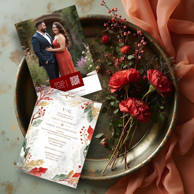 Convite Charming Fall Nature Frame Photo Wedding (Classic Timeless Elegant Christmas Wedding Wreath Invitation Cards with Back Photo and Modern QR.)