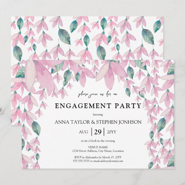 Convite Charming Floral Wisteria Festa de noivado (Frente/Verso)