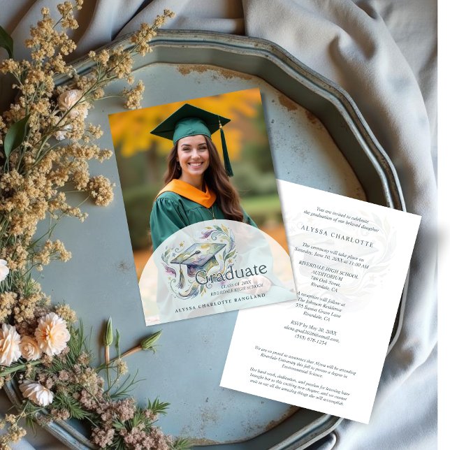 Convite Charming Graduate Cap Blue and Green Shades (Charming Graduate Cap Blue and Green Shades Watercolor Effect Photo Graduation Invitation Card.)