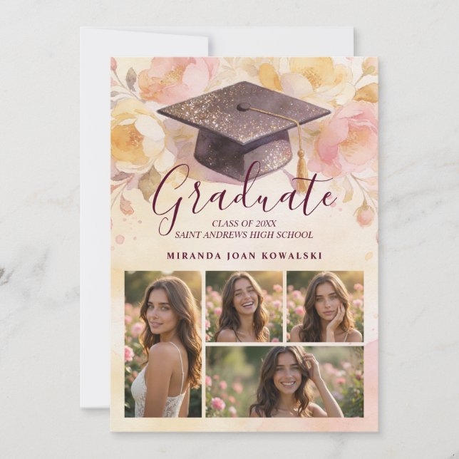 Convite Charming Graduation Cap 5-Photo Collage Floral (Frente)