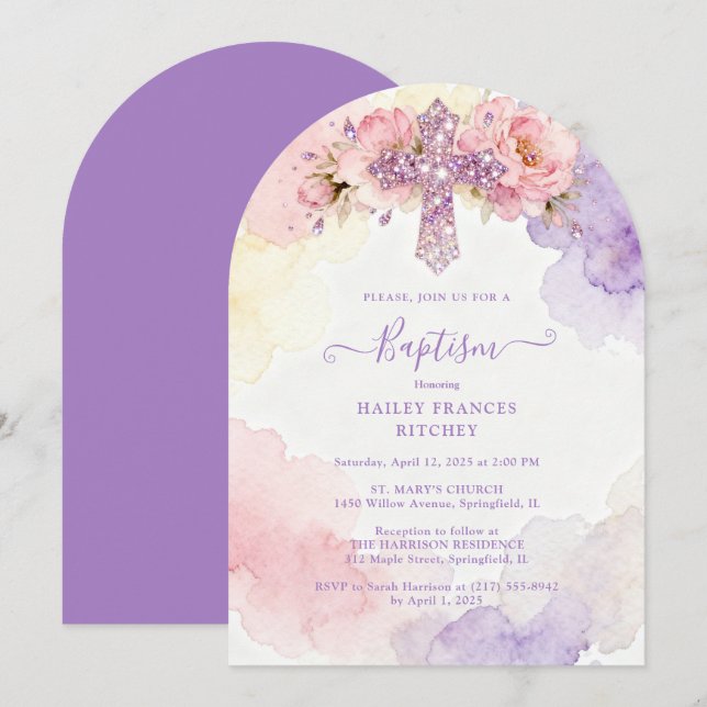 Convite Charming Lavender Glitter Floral Cross Baptism (Frente/Verso)