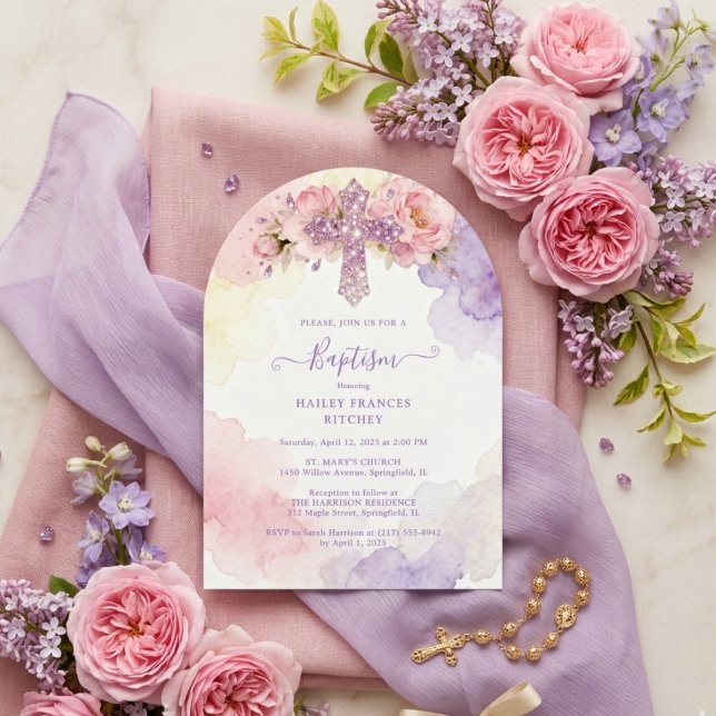 Convite Charming Lavender Glitter Floral Cross Baptism (Charming Lavender Glitter Floral Cross Christian Baptism Invitation Card Design.)