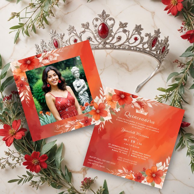 Convite Charming Lovely Floral Frame Garland Spanish Photo (Charming Lovely Floral Frame Garlands Spanish Photo Quinceañera Invitations Cards in Red Shades.)