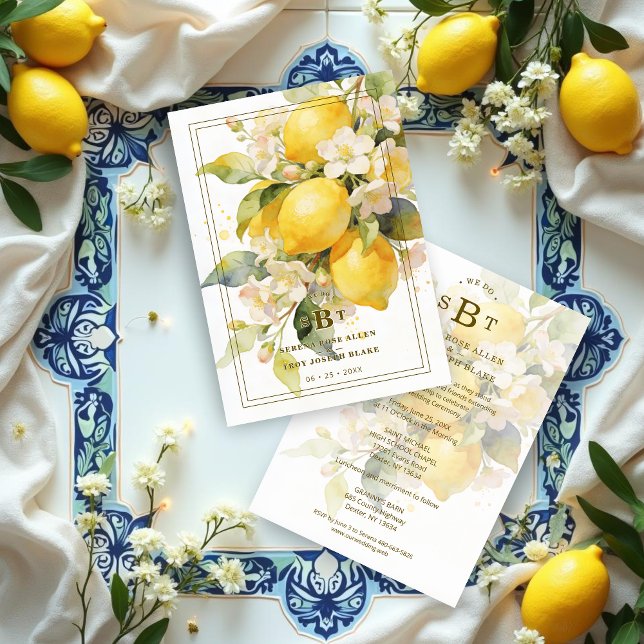 Convite Charming Mediterranean Botanical Floral Lemons (Charming Romantic Mediterranean Botanical Floral Lemons Branch Composition Wedding Invitation Cards )