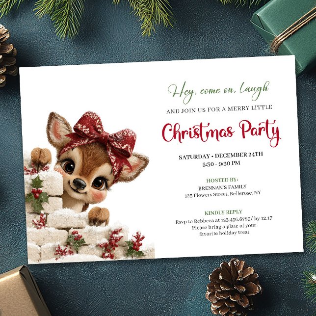 Convite Charming peeking reindeer fun holiday party invite (Charming peeking reindeer fun holiday party invitation)