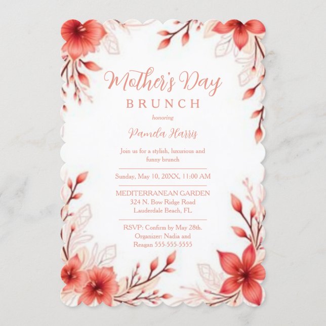 Convite Charming Pink Floral Mothers Day Brunch (Frente)