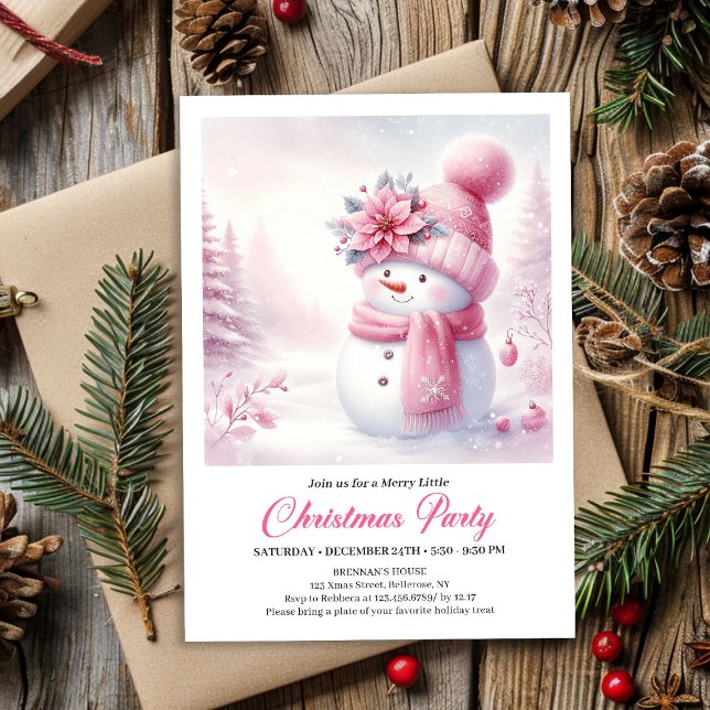 Convite Charming Pink Snowman Kids Editable Christmas  (Charming Pink Snowman Kids Editable Christmas Invitation

)