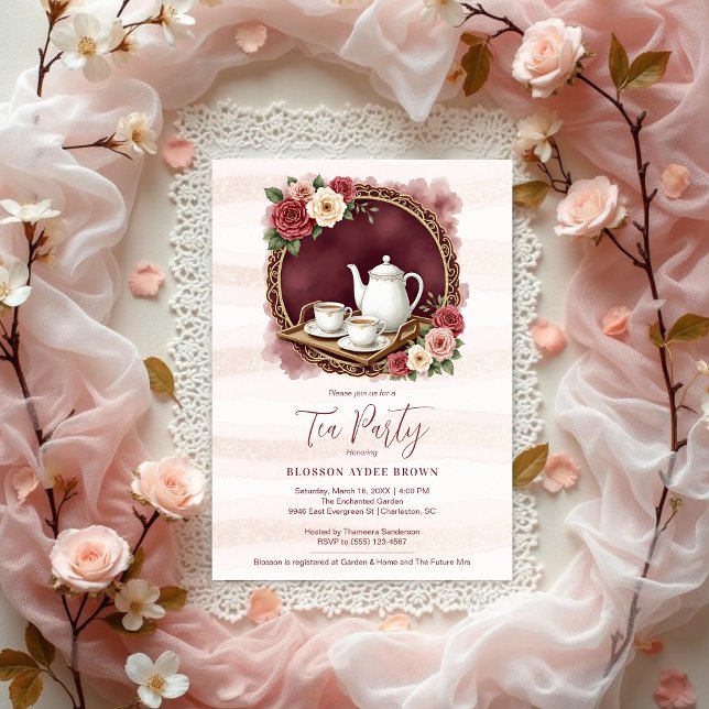 Convite Charming Pink Vintage Tea Set Bridal Shower (Charming Sophisticated Pink Vintage Tea Set Bridal Shower Invitations Cards Design. )