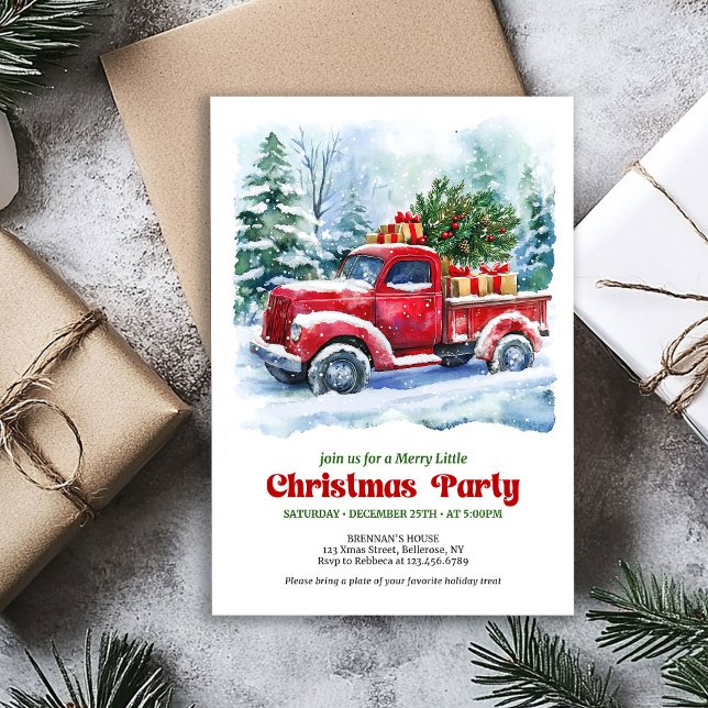 Convite Charming red truck Christmas scene rustic invites (Classic Christmas party invitation,
modern Traditional red truck car,
watercolor cozy Christmas scen)