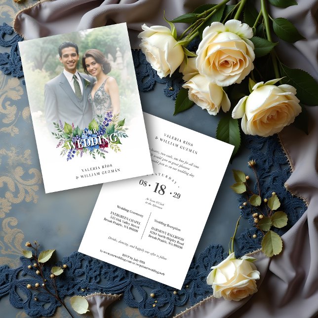 Convite Charming Romantic Floral & Transparency Overlay (Charming Romantic Floral & Transparency Overlay Wedding Invitation Cards with Photo.)