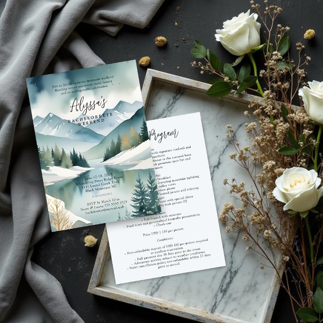 Convite Charming Rustic Mountains Landscape Watercolor (Charming Rustic Mountains Landscape Watercolor effect Bachelorette Weekend Invitation Design.)