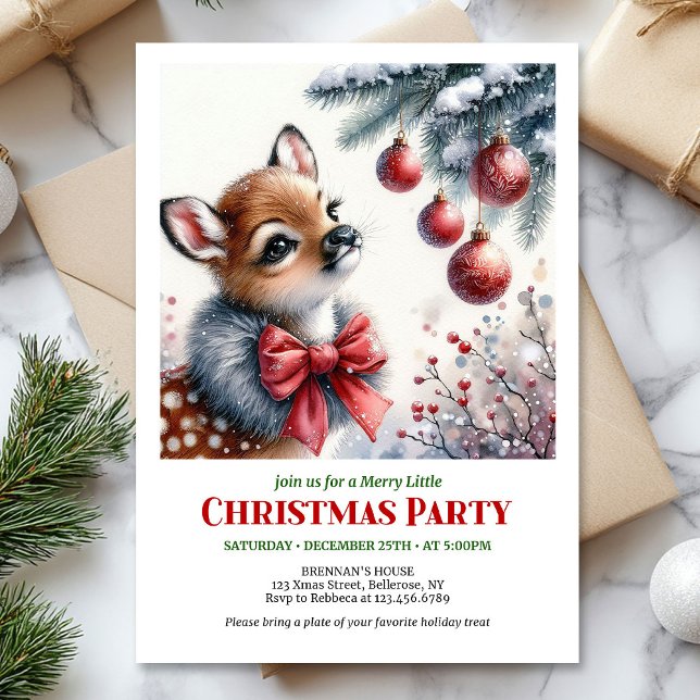 Convite Charming snowy forest baby deer Christmas invite  (Charming snowy forest baby deer Christmas invite editable template)