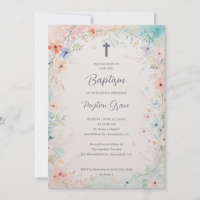 Convite Charming Soft Botanical Floral Frame Baptism (Frente)
