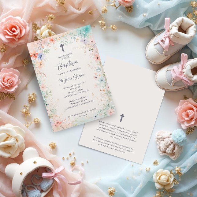Convite Charming Soft Botanical Floral Frame Baptism (Charming Digital Watercolor Soft Botanical Floral Frame Baptism Invitation Cards Design.)