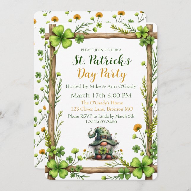 Convite Charming Spring Clover & Gnome Invitation  (Frente/Verso)