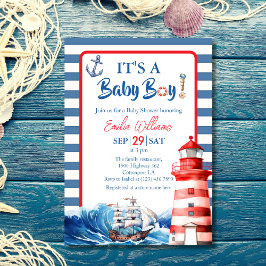 Convite Charming Striped Blue Red Nautical Ahoy Baby Boy