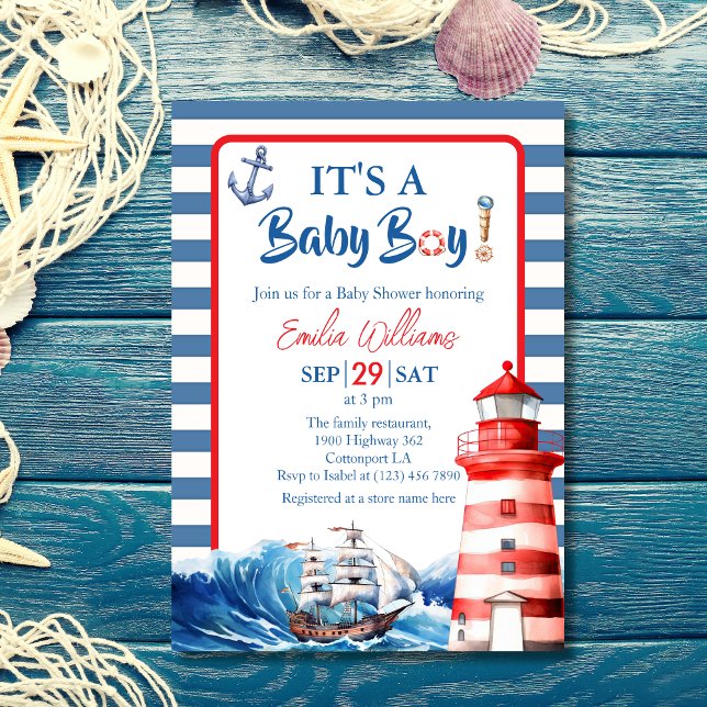 Convite Charming Striped Blue Red Nautical Ahoy Baby Boy (Criador carregado)