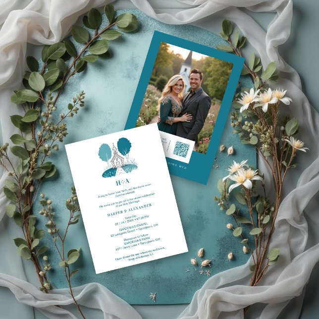 Convite Charming Teal Church Christian Wedding (Charming Teal Church Illustration Christian Wedding Invitation Cards with Back Photo & QR Code.)