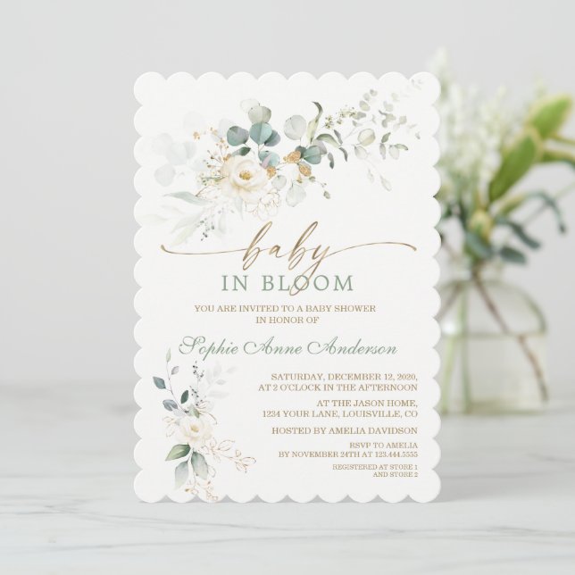Convite Charming White Floral Airy Leaves Baby in Bloom (Em pé/Frente)