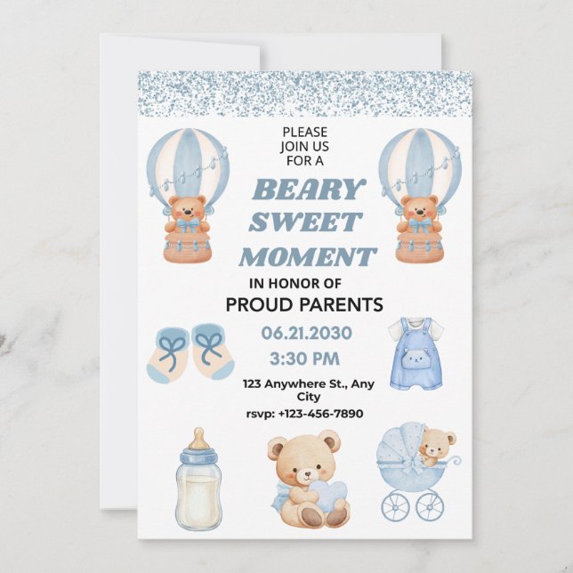 CONVITE CHARMING WHITE  SKY BLUE 5X7  BEAR BOY CHUVA DE BE (Frente)