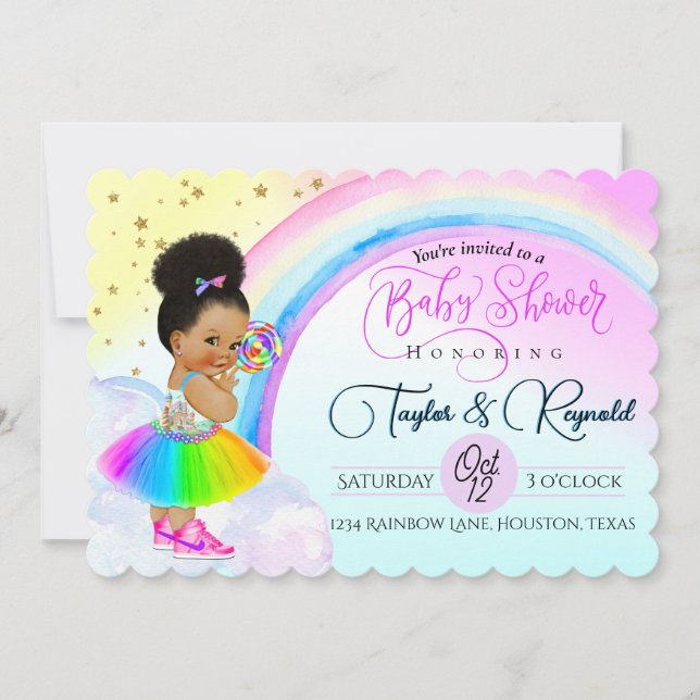 Convite Charmosa Menina Bebê Afro Puff Chuva de Amor Color (Frente)