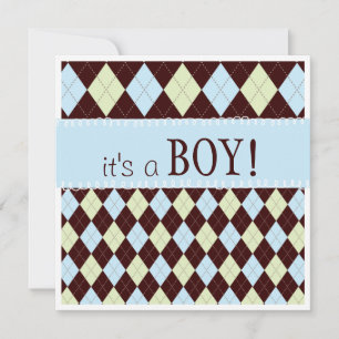 Convite Charmoso Argyle Azul Bebê É um Menino Chás de Bebê
