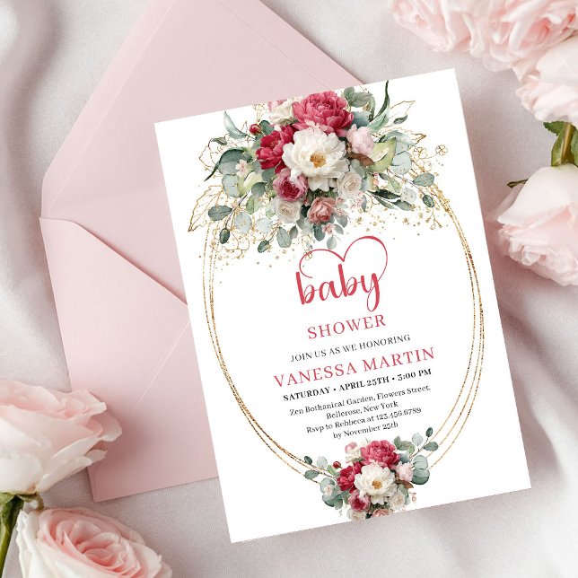 Convite Charmoso Chuveiro de Bebê Boho Rubi Vermelho Rosa  (Charming Boho Ruby Red Blush Gold Baby Shower)